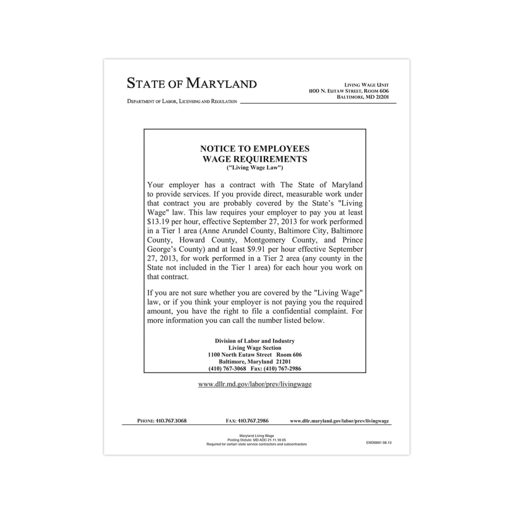 ComplyRight State Specialty Poster, Living Wage Law, English, Maryland, 8-1/2in x 11in MPN:EMD0001