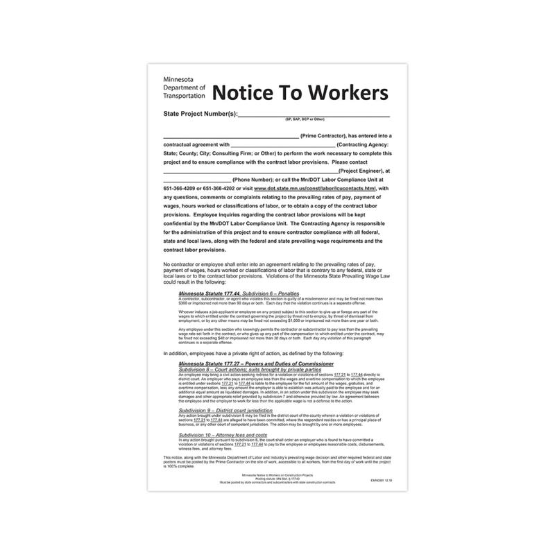 ComplyRight State Specialty Poster, Notice Workers/Construction Projects, English, Minnesota, 8-1/2in x 14in MPN:EMN0001