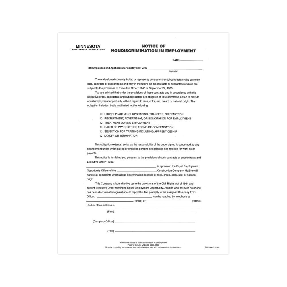 ComplyRight State Specialty Poster, Notice Nondiscrimination In Employment, English, Minnesota, 8-1/2in x 11in MPN:EMN0002