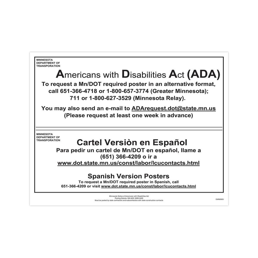 ComplyRight State Specialty Poster, Notice Americans With Disabilities, English, Minnesota, 8-1/2in x 11in MPN:EMN0003