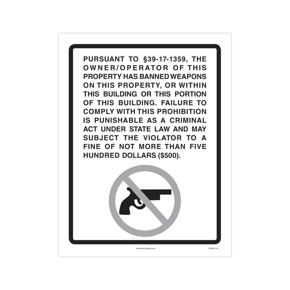 ComplyRight State Specialty Poster, Weapons Law, English, Tennessee, 8-1/2in x 11in MPN:ETN4G