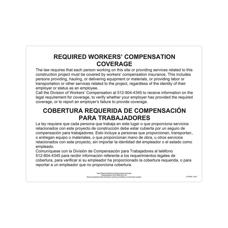 ComplyRight State Specialty Poster, Workers Comp Coverage, English/Spanish, Texas, 11in x 17in MPN:ETX0001