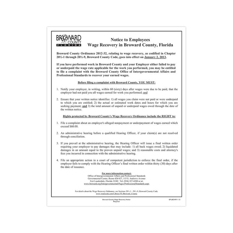 ComplyRight City & County Specialty Posters, Broward County, Wage Recovery, English, 8 1/2in x 11in MPN:EFLBCWR