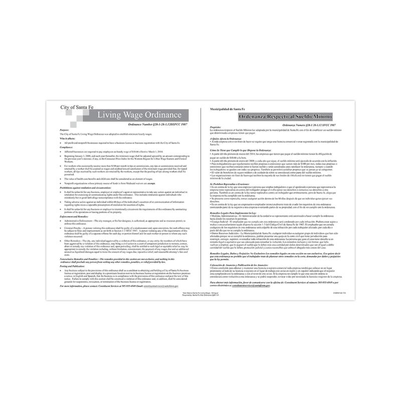 ComplyRight City & County Specialty Posters, Living Wage Ordinance, Bilingual, Santa Fe, 11in x 17in MPN:ENMSFLW