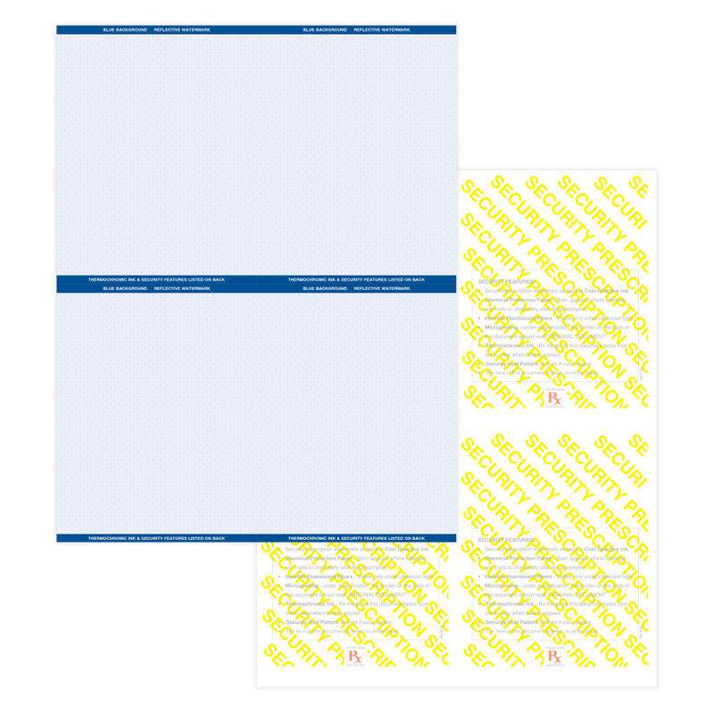 High Security Medicaid Compliant Laser RX Prescription Paper Stock - 4 Up, On 8.5in x 11in Perforated Sheet, Blue, Pack Of 500 Sheets MPN:PRESLBL4