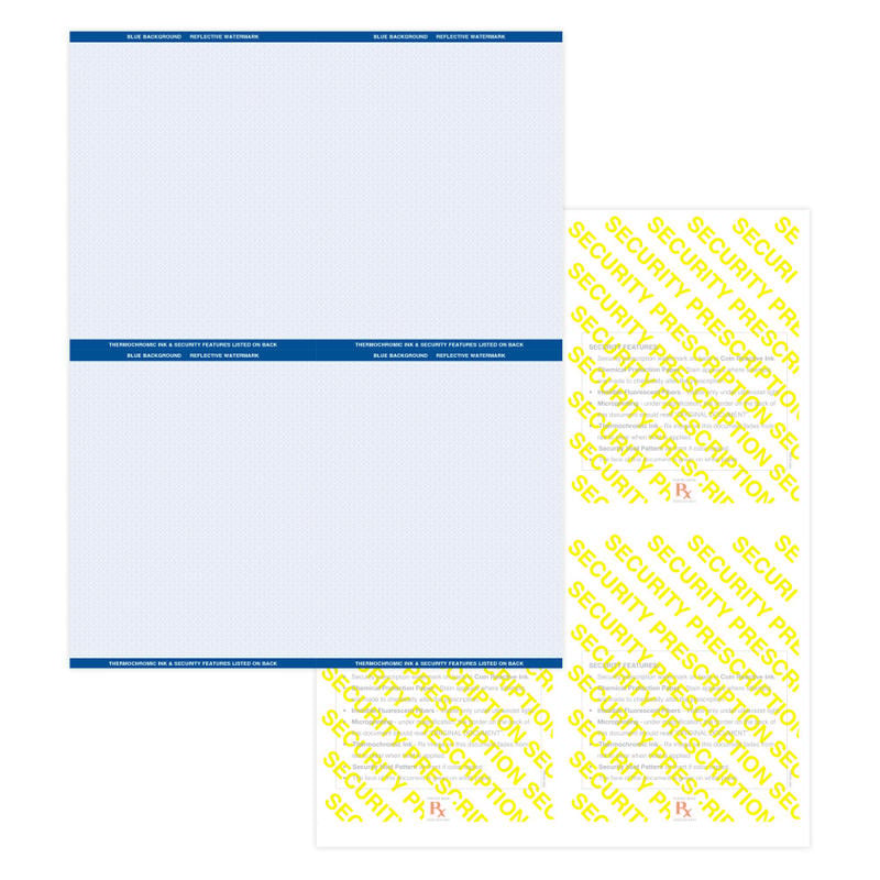 High Security Medicaid Compliant Laser RX Prescription Paper Stock - 4 Up, On 8.5in x 11in Perforated Sheet, Blue, Pack Of 2, 500 Paper Stock MPN:PRESLBL42500