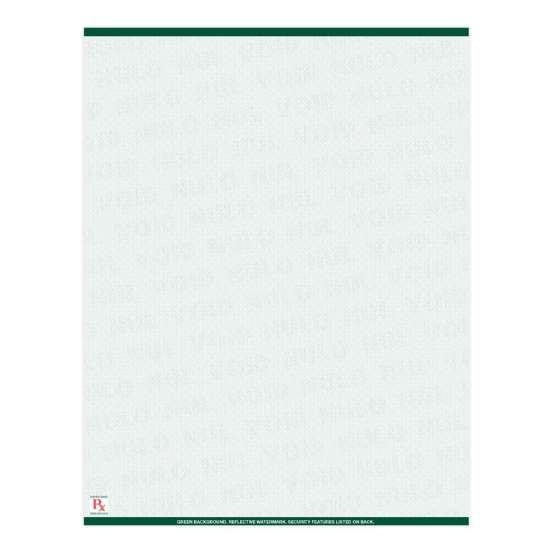 High Security Medicaid Compliant Laser RX Prescription Paper Stock -1 Up, 8.5in x 11in Sheet, Green, Pack Of 500 Sheets MPN:PRESLGN