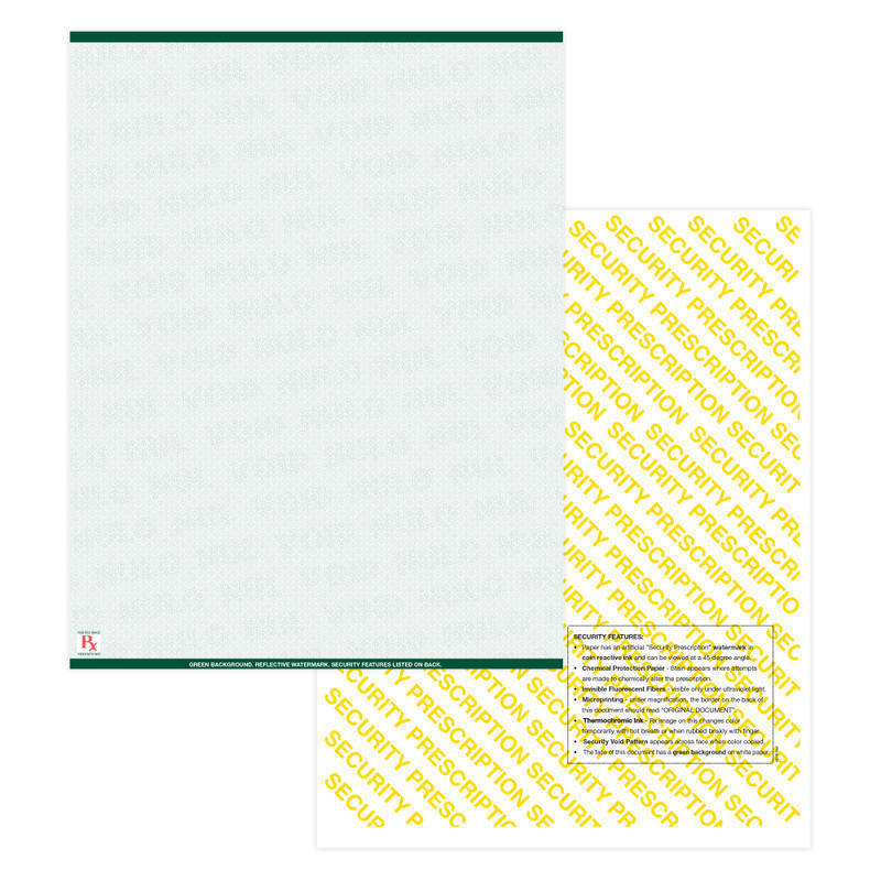 High Security Medicaid Compliant Laser RX Prescription Paper Stock -1 Up, 8.5in x 11in Sheet, Green, Pack Of 2, 500 Sheets MPN:PRESLGN2500
