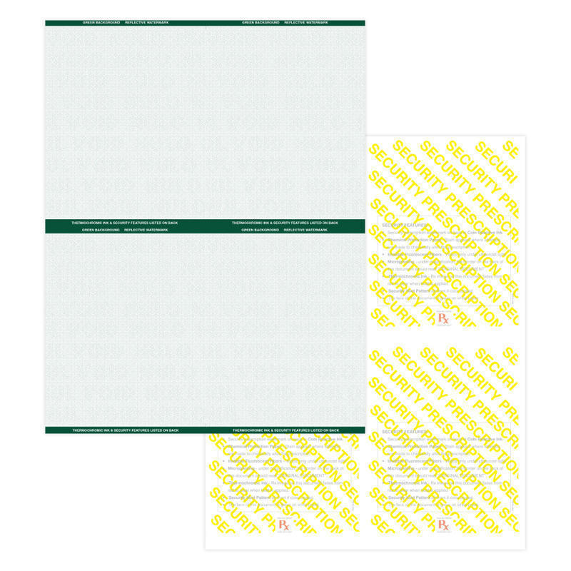 High Security Medicaid Compliant Laser RX Prescription Paper Stock - 4 Up, On 8.5in x 11in Perforated Sheet, Green, Pack Of 5, 000 Sheets MPN:PRESLGN45000