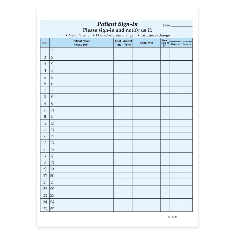HIPAA Compliant Patient/Visitor Privacy 2-Part Sign-In Sheets, 8-1/2in x 11in, Blue, Pack Of 125 Sheets MPN:W-PSGN