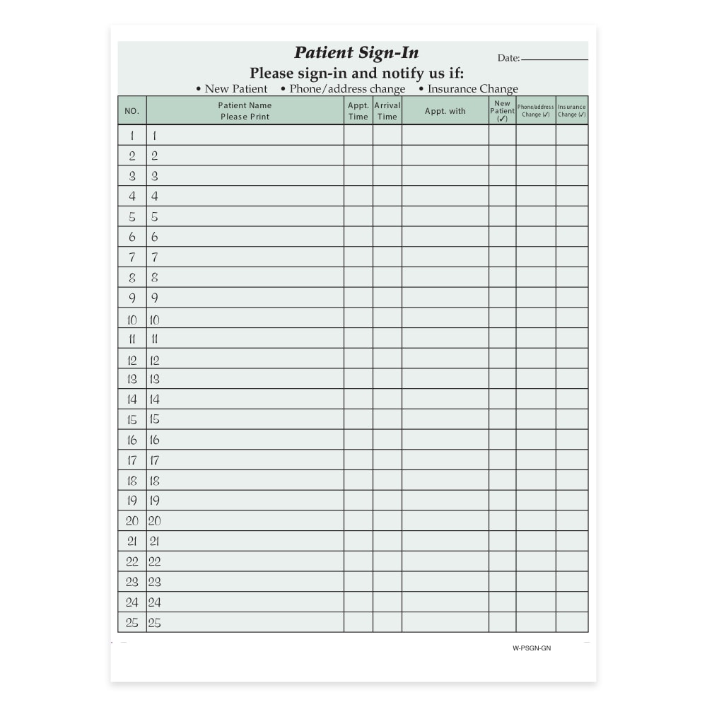 HIPAA Compliant Patient/Visitor Privacy 2-Part Sign-In Sheets, 8-1/2in x 11in, Green, Pack Of 125 Sheets MPN:W-PSGN-GN