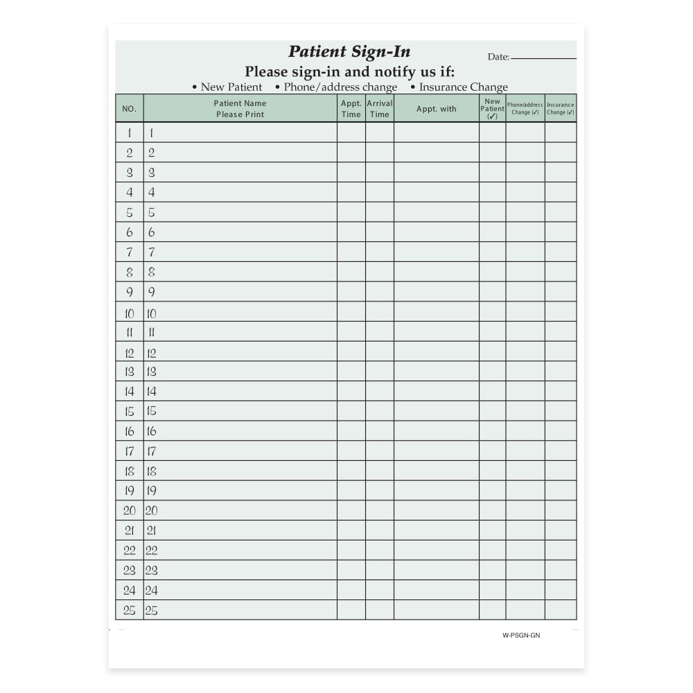 HIPAA Compliant Patient/Visitor Privacy 2-Part Sign-In Sheets, 8-1/2in x 11in, Green, Pack Of 250 Sheets MPN:W-PSGN-GN250