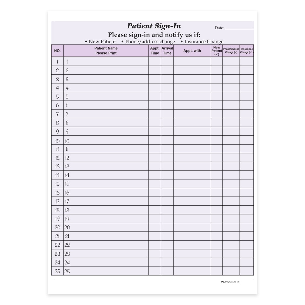 HIPAA Compliant Patient/Visitor Privacy 2-Part Sign-In Sheets, 8-1/2in x 11in, Purple, Pack Of 1, 000 Sheets MPN:W-PSGN-PUR1000