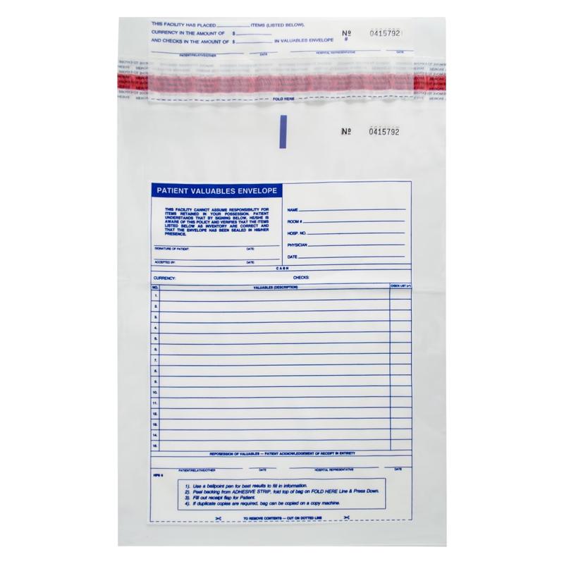 Patient Valuables Form And Plastic Bag, Tamper Evident, Sequentially Numbered, 10in x 13in, Pack Of 1, 000 Sets MPN:W-PVB-101000