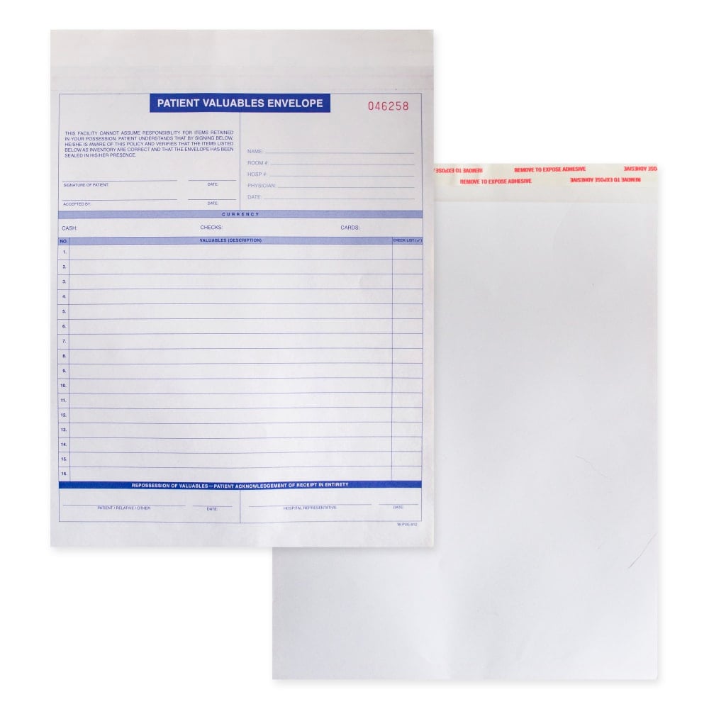 Patient Valuables Form and Heavy Duty Paper Envelope, Sequentially Numbered, 9in x 12in, 3 part, Pack of 2, 500 MPN:W-PVE-9122500
