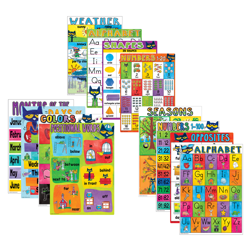 Edupress Pete The Cat Early Learning Small Posters, 11in x 15-3/4in, Pack Of 12 Posters MPN:EP-62002