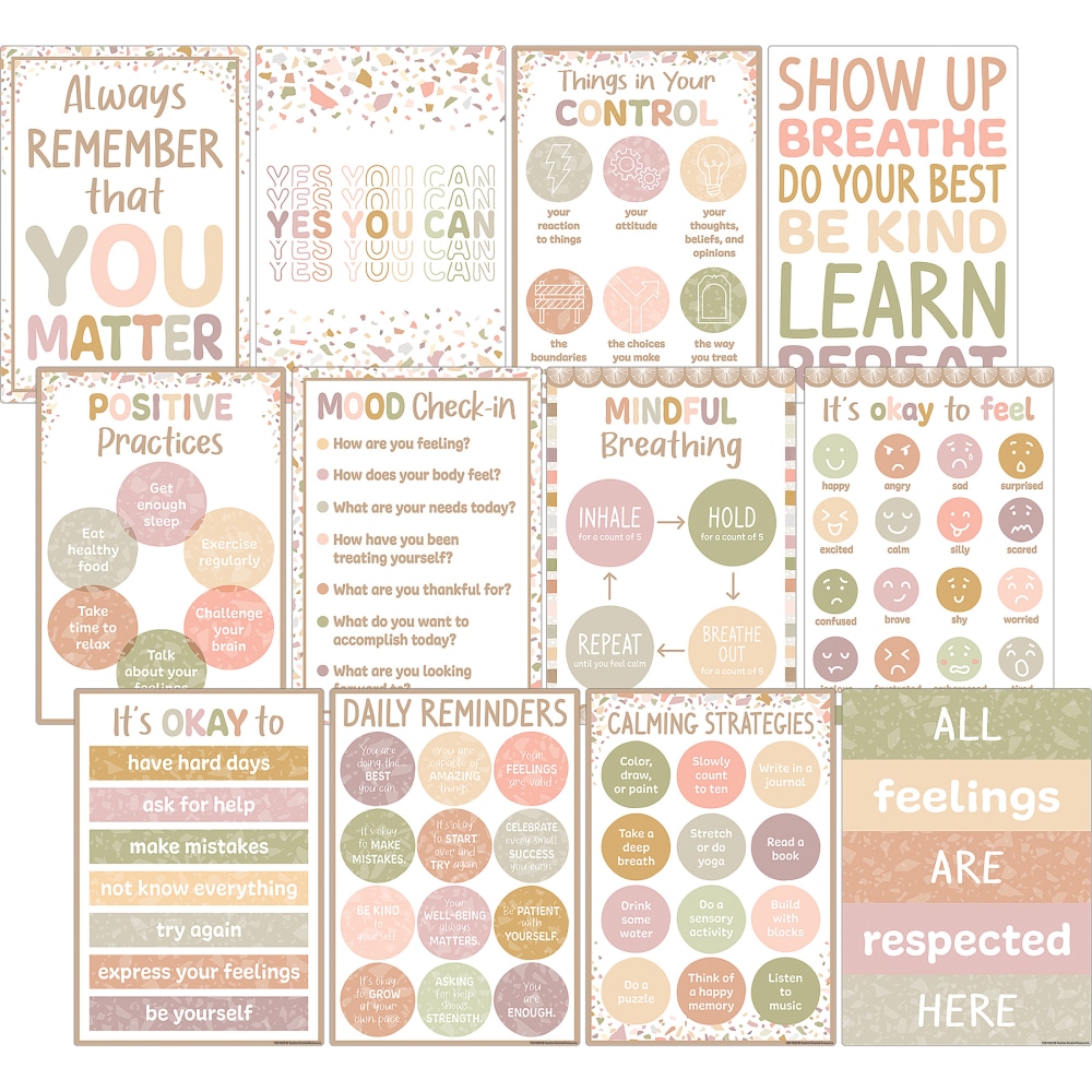 Teacher Created Resources Terrazzo Tones Positive Practices Small Posters, 11in x 15-3/4in, Multicolor, Pack Of 12 Posters MPN:TCR7232