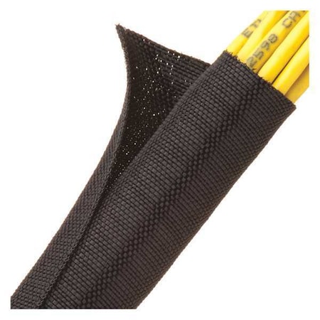 Braided Cable Sleeve, 1 in Inside Dia., 1 in Max Bundle Dia., 10 ft, Fiberglass, Black MPN:F6W1.00BK10