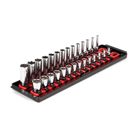 1/4 Inch Drive 6-Point Socket Set with Rails and Tray, 28-Piece 4-15 mm MPN:SHD90211