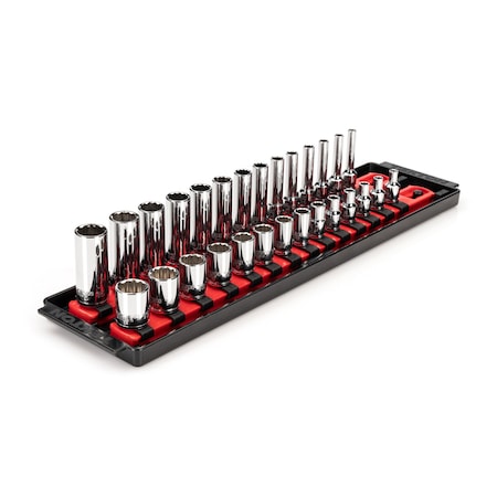 1/4 Inch Drive 12-Point Socket Set with Rails and Tray, 28-Piece 4-15 mm MPN:SHD90214