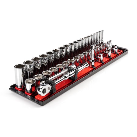 3/8 Inch Drive 6-Point Socket and Ratchet Set with Rails and Tray, 44-Piece 6-24 mm MPN:SKT13201