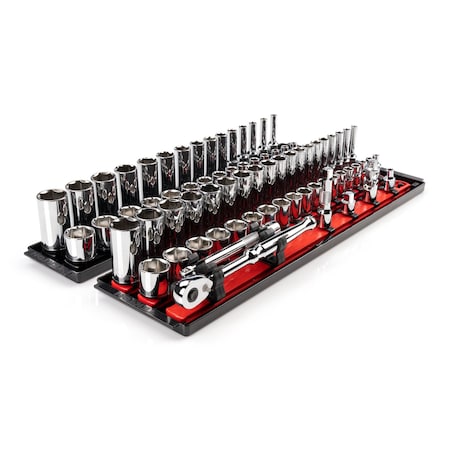 3/8 Inch Drive 6-Point Socket and Ratchet Set with Rails and Trays, 74-Piece 1/4-1 in., 6-24 mm MPN:SKT13301