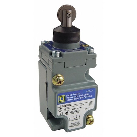 Heavy Duty Limit Switch, Plunger, Roller, 1NC/1NO, 10A at 600V AC, Actuator Location: Top MPN:9007C52D