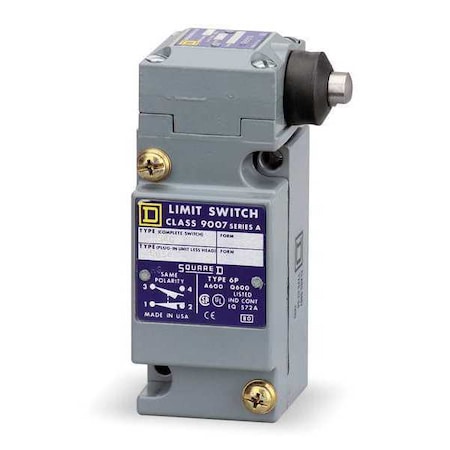 Heavy Duty Limit Switch, Plunger, 1NC/1NO, 10A at 600V AC, Actuator Location: Side MPN:9007C54G