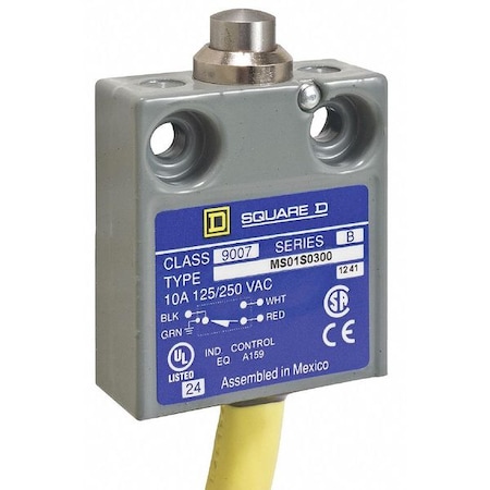 Limit Switch, Plunger, Spring Return, SPDT, 10A at 300V AC, Actuator Location: Top MPN:9007MS01S0100