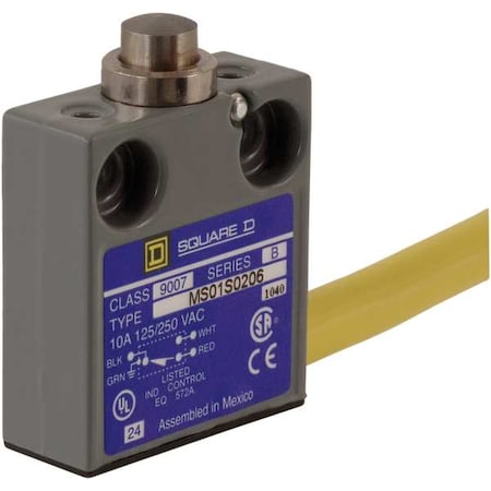 Limit Switch, Plunger, Spring Return, SPDT, 10A at 300V AC, Actuator Location: Top MPN:9007MS01S0206