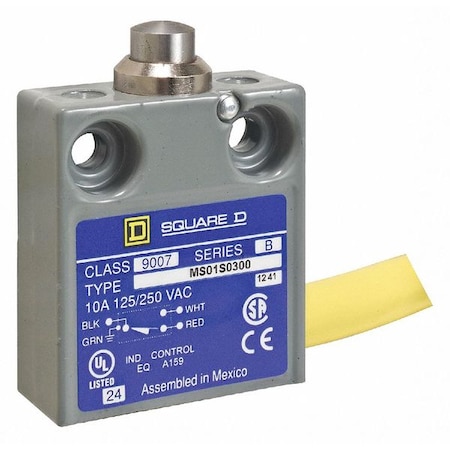 Limit Switch, Plunger, Spring Return, SPDT, 10A at 240V AC, Actuator Location: Top MPN:9007MS01S0406