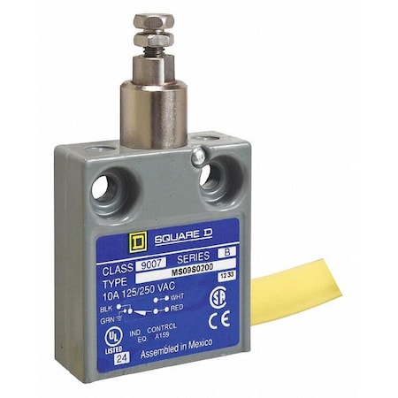 Limit Switch, Plunger, Spring Return, SPDT, 10A at 240V AC, Actuator Location: Top MPN:9007MS09S0206