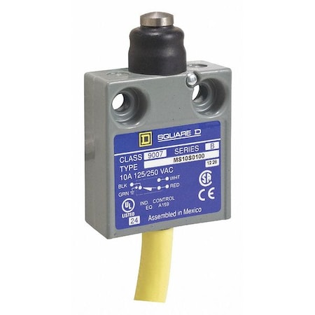 Limit Switch, Plunger, Spring Return, SPDT, 10A at 240V AC, Actuator Location: Top MPN:9007MS10S0100