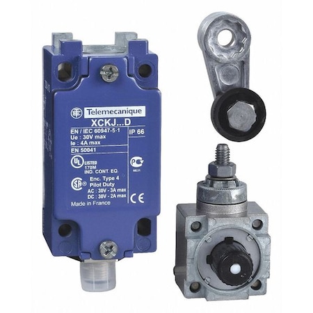 Heavy Duty Limit Switch, Roller Lever, Rotary, 1NC/1NO, 4A at 240V AC, Actuator Location: Side MPN:XCKJ10511D