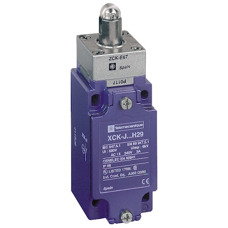 Limit Switch, Plunger, Roller, 1NC/1NO, 10A at 240V AC, Actuator Location: Top MPN:XCKJ167
