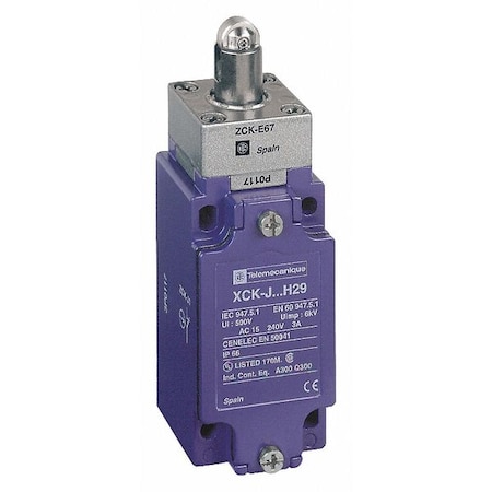 Heavy Duty Limit Switch, Plunger, Roller, 1NC/1NO, 10A at 240V AC, Actuator Location: Top MPN:XCKJ167H7