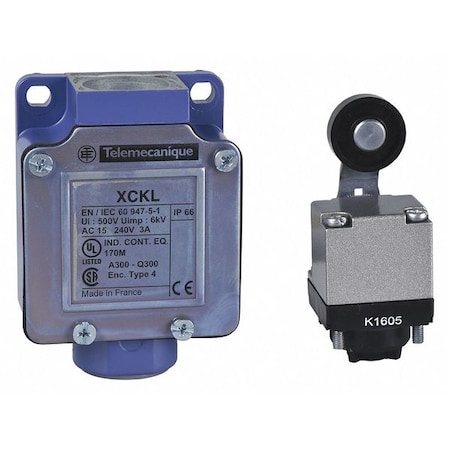 Limit Switch, Roller Lever, Rotary, 1NC/1NO, 10A at 240V AC, Actuator Location: Top MPN:XCKL115
