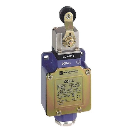 Limit Switch, Roller Lever, Rotary, 1NC/1NO, 10A at 240V AC, Actuator Location: Side MPN:XCKL115H7