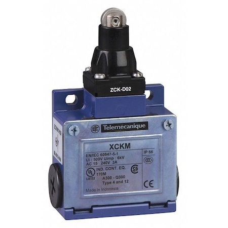 Limit Switch, Plunger, Roller, 1NC/1NO, 10A at 240V AC, Actuator Location: Top MPN:XCKM102