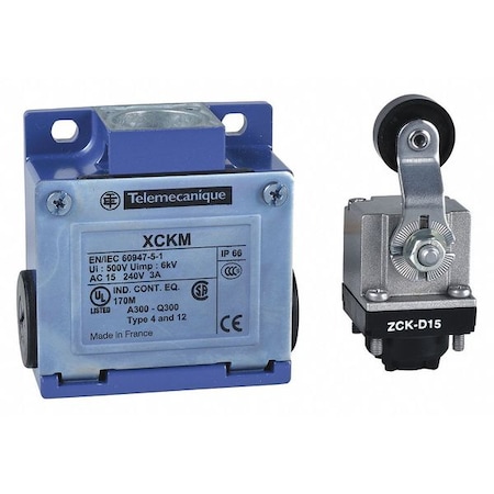 Limit Switch, Roller Lever, Rotary, 1NC/1NO, 10A at 240V AC, Actuator Location: Side MPN:XCKM115