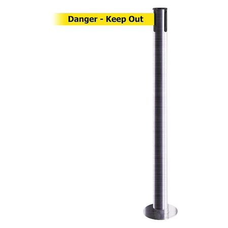 Barrier Post with Belt, 13 ft Length, 36 1/2 in Post Height, Danger Keep Out, Satin Chrome MPN:889F-1S-1S-MAX-NO-YDX-C