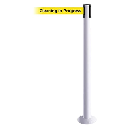 Barrier Post with Belt, White, 7 1/2 ft Length, 36 1/2 in Post Height, Cleaning in Progress MPN:889F-32-32-STD-NO-YCX-C