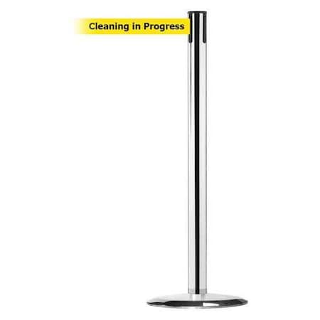 Barrier Post with Belt, 13 ft Length, 38 in Post Height, Cleaning in Progress, Polished chrome MPN:889U-1P-1P-MAX-NO-YCX-C