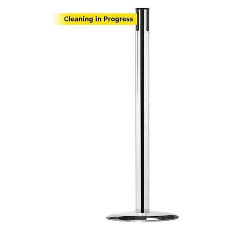Barrier Post with Belt, 7 1/2 ft Length, 38 in Post Height, Cleaning in Progress, Polished chrome MPN:889U-1P-1P-STD-NO-YCX-C