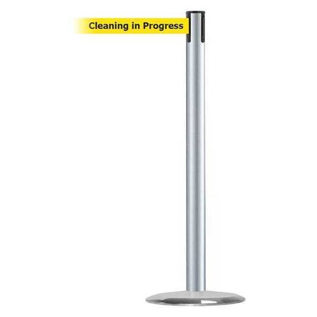 Barrier Post with Belt, 13 ft Length, 38 in Post Height, Cleaning in Progress, Satin Chrome MPN:889U-1S-1S-MAX-NO-YCX-C