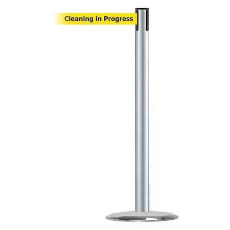 Barrier Post with Belt, 7 1/2 ft Length, 38 in Post Height, Cleaning in Progress, Satin Chrome MPN:889U-1S-1S-STD-NO-YCX-C
