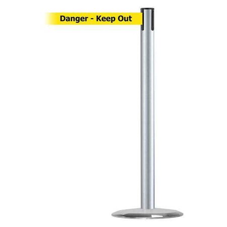 Barrier Post with Belt, 7 1/2 ft Length, 38 in Post Height, Danger Keep Out, Satin Chrome MPN:889U-1S-1S-STD-NO-YDX-C