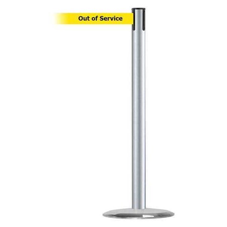 Barrier Post with Belt, 7 1/2 ft Length, 38 in Post Height, Out of Service, Satin Chrome MPN:889U-1S-1S-STD-NO-YEX-C