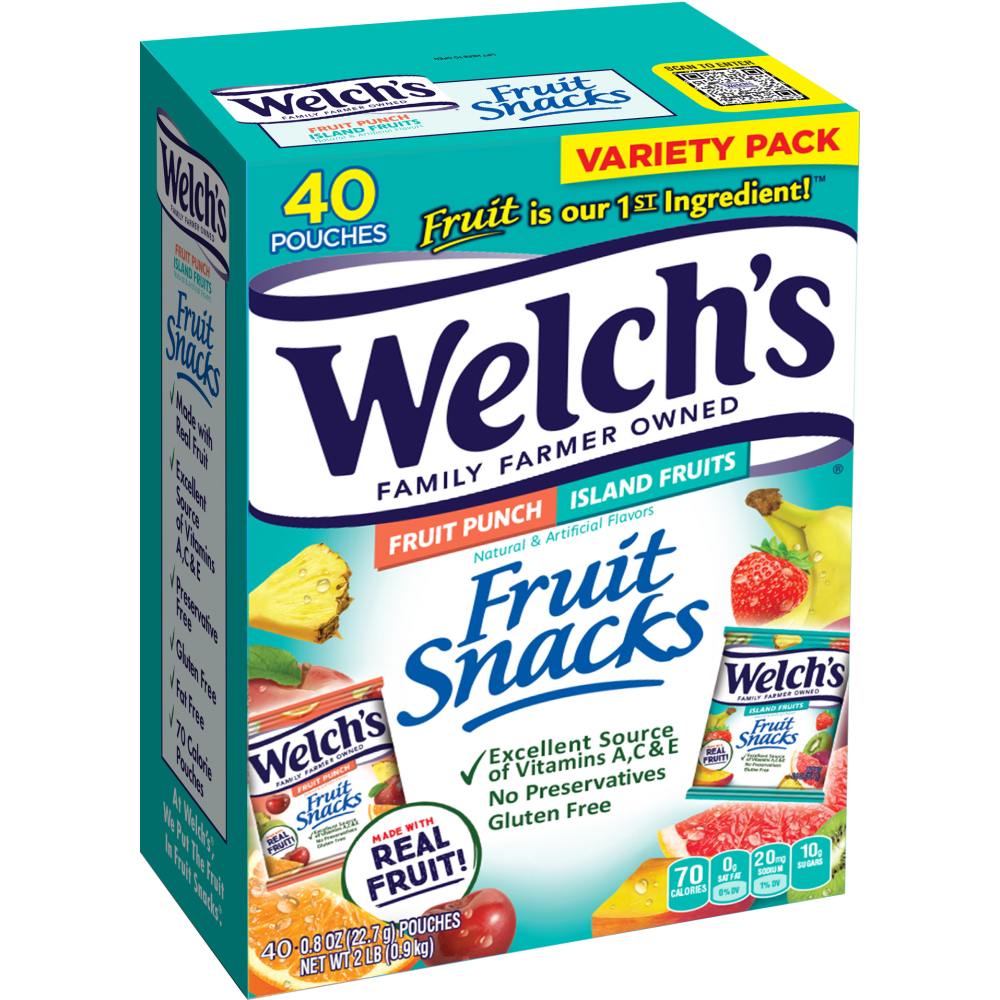 Welchs Fruit Snacks, Fruit Punch/Island Fruits, 0.8 Oz, Pack Of 40 Pouches MPN:034856940616