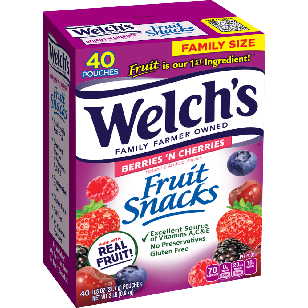 Welchs Fruit Snacks, Berries N Cherries, 0.8 Oz, Box Of 40 Packages MPN:034856940623
